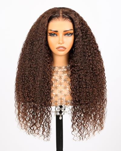 Image of Arabella Chocolate Brown Deep Wave Glueless Wigs Human Hair Pre Plucked Pre Cut 5x6 HD Lace 230% Density Bleached Knotes Colored Lace Frount Hair (26 Inch, Deep Curly Wig)
