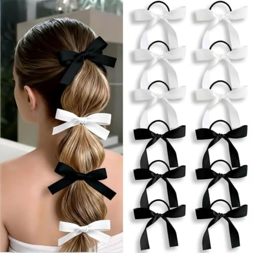 12PCS Silky Satin Hair Bows Ties for Girls, Anti-Fraying Bowknot Ribbon Ponytail Holders for Bubble Braids, Black and White No Damage Stretchy Elastic Hair Bands Hair Accessories for School Party
