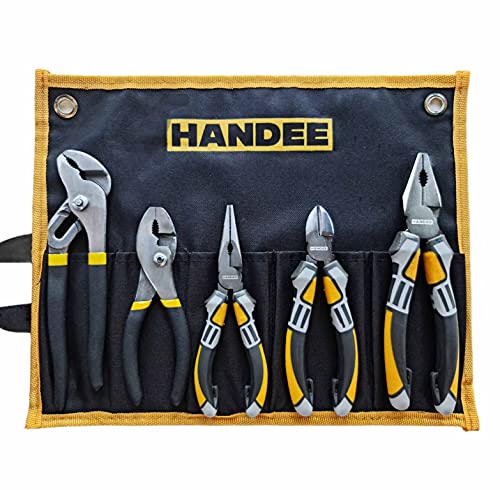 Handee Plier Set - Pliers Tool Set with Storage Bag - Linesman Pliers, Needle Nose Pliers, Diagonal Cutting Pliers, Slip Joint Pliers, Adjustable Groove Joint Pliers - Pliers Set for Mechanics