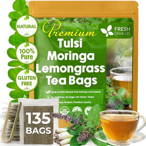 Image of FreshDrinkUS, Premium 135 Tea Bags Tulsi Moringa Lemongrass, 100% Natural & Pure from Tulsi Holy Basil Leaves, Moringa & Lemongrass. Made with Natural Material Tea Bags. No Sugar, No Caffeine, Vegan.