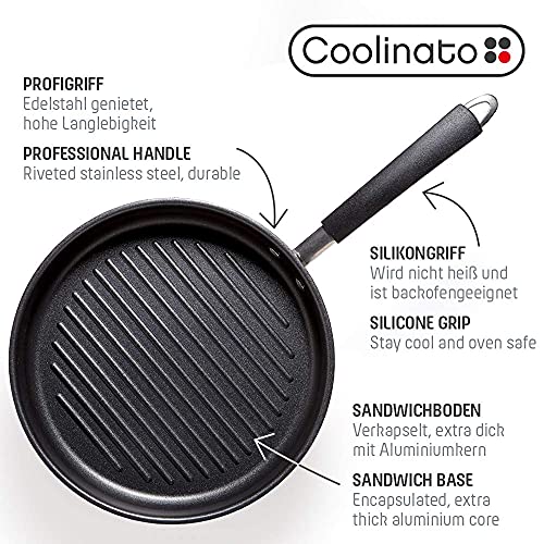 Coolinato Grillpfanne rund 26cm, Pfanne beschichtet für Induktion und andere Herde, Steakpfanne ofenfest spülmaschinengeeignet