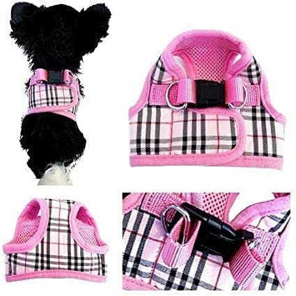 XXXS XXS XS Tartan Tiny Toy Teacup Chihuahua Puppy Dog Harness with Mesh Clip for TINY Teacup Miniature Breeds Kitten Yorkie Maltese Terrior Puppy Dogs (XXS- 26-32cm, Harness ONLY- Pink Tartan)