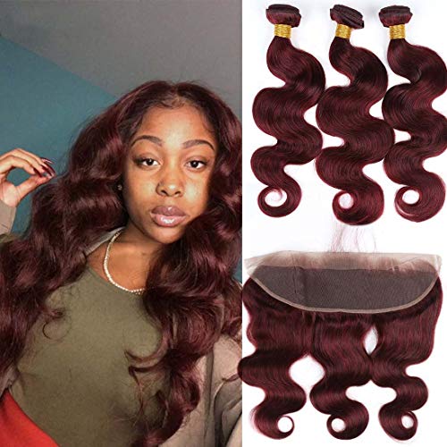 Brazilian Human Hair Burgundy 3 Bundles with 13X4 Lace Frontal Body Wave #99J Wine Red Frontal with Baby Hair Ear to Ear Frontal (22 22 22 with 20F, Burgundy)