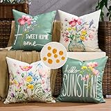 Outdoor Kissenbezug Wasserdicht Kissen 40x40 cm Wasserfest Dekorative Rosa Blumen Design Kissenbezüge Leinen-Optik Sofakissen Dekokissen für Garten Sofa Couch Wohnzimmer Schlafzimmer 4er Set