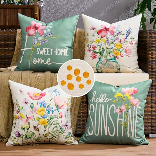 Outdoor Kissenbezug Wasserdicht Kissen 40x40 cm Wasserfest Dekorative Rosa Blumen Design Kissenbezüge Leinen-Optik Sofakissen Dekokissen für Garten Sofa Couch Wohnzimmer Schlafzimmer 4er Set