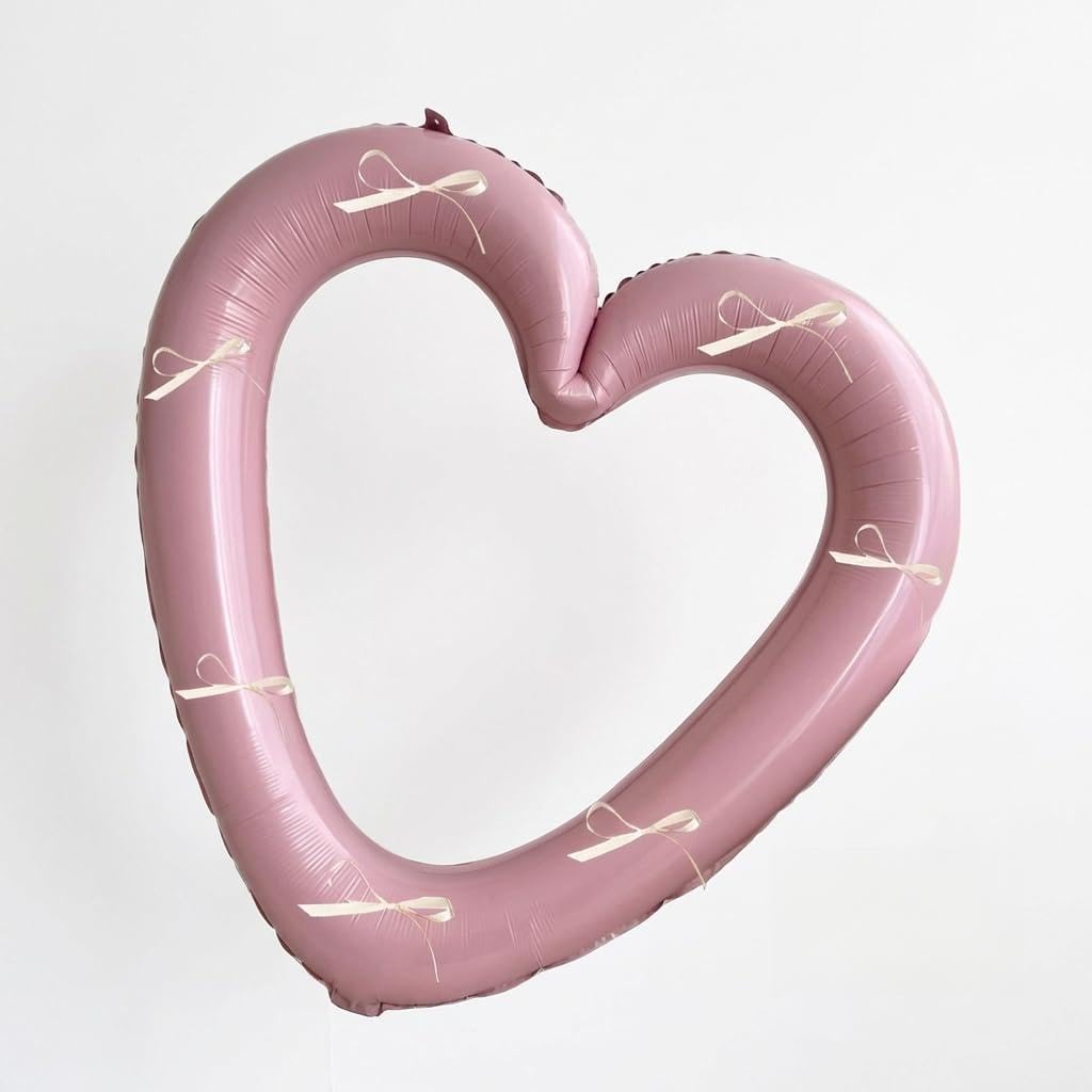 40 Inch Pink Heart Balloons with Bow - 1 Pack Large Foil Balloons and 7 Bow Set with Self-Sealing Valve, Leak-Proof Romantic Balloons for Birthday, Proposal Decoration, Valentine's Day, Photo Backdrop