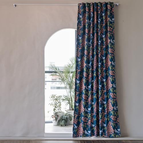 Image of Tranquebar Curtain Co. 100% Blackout Curtains, Complete Darkening Lining (Polyester), Navy Blue Floral & Bird Print, Cotton Blackout Curtains 5 Feet for Window, BackTabs, Veya (152 cm) - 1 Piece