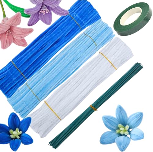 Just Flowers Flower Making Kit Pipe Cleaners, 300 Pieces Cleaners with 10 Flower Stems & 1 Floral Tape (Blue, White, 30 CM Long)