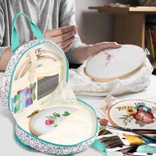 Image of Embroidery Project Bag, Embroidery Supplies Storage Carrying Tote Case with Multiple Pockets and Handle, Cross Stitch Bag, Double Layer Embroiderys Project Bags for Floss Hoops Thread (Lake Blove)