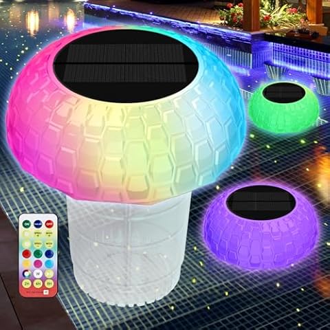 Mcwdoit Pool Chlorine Floater with Solar Light, Fit 1"& 3" Chlorine Tabs Holder, Anti-Sinking Mushroom Floating Chlorine Dispenser for Swimming Pool Hot Tub Spa, Remote Control Colors, Lighting Modes Cover