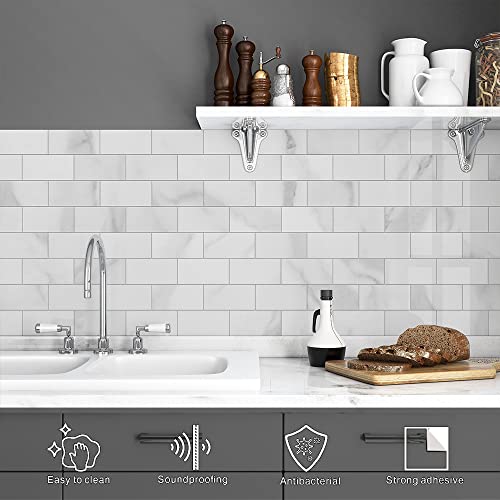 Colamo Luxury 10-Sheet Peel And Stick Backsplash,Self Adhesive Faux Stone 12 Inchx12 Inch White Subway Tile For Kitchen,Glossy Waterproof Carrara Brick Marble Look,Stick On Accent Wall For Bathroom,Bedroom thumb #2