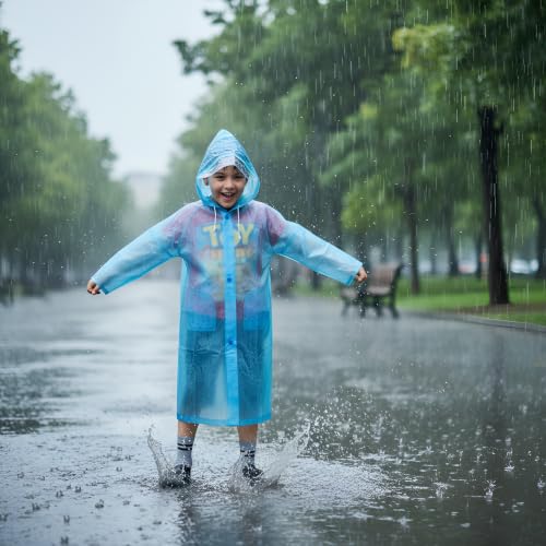 Image of Goodluck Kids Waterproof Knee-Length Raincoat for Boys & Girls - Transparent Hooded Rain Wear, Lightweight Reusable Rain Jacket with Front Button Closure for School, Travel & Outdoor Use