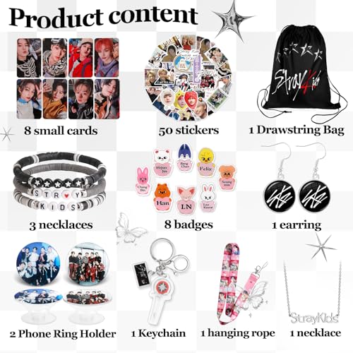 Stray Kids Gifts,Stray Kids Kpop Merch with Drawstring Bag, 8 Cartoon Badges, 50 Stickers, 8 Photocards, 3 Design Bracelet, Necklace, Earrings, Keychain, Straykids Lanyards Merchandise for Fans2