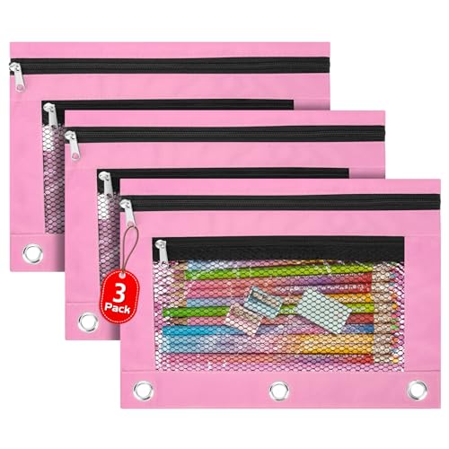 IKAYAS Pacote com 3 estojos de fichário com zíper - rosa