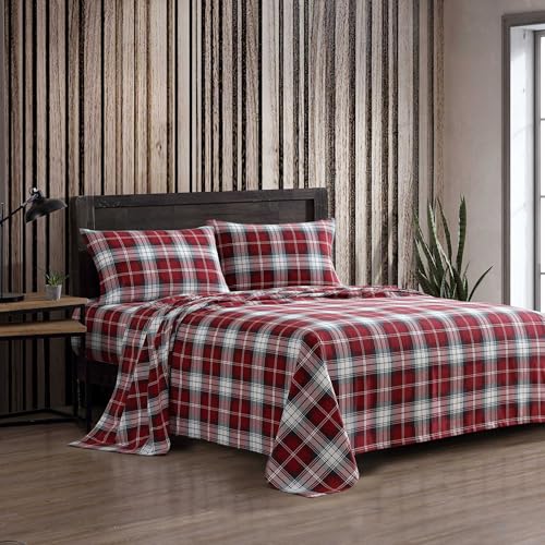 Image of Eddie Bauer - Queen Bed Sheets, Cotton Flannel Bedding Set with Matching Pillowcases, Brushed for Extra Softness, Deep Pocket, Oeko-Tex Certified (Heartland Plaid Red)