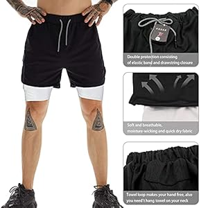 OEBLD Mens Athletic Shorts 2 in 1 Gym Workout Running 7 Shorts with Towel Loop