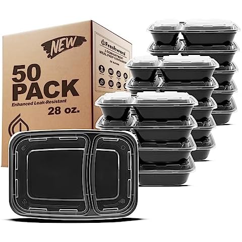 Freshware Meal Prep Containers [50 Pack] 2 Compartment with Lids, Food Storage Containers, Bento Box, BPA Free, Stackable, Microwave/Dishwasher/Freezer Safe (28 oz) Cover