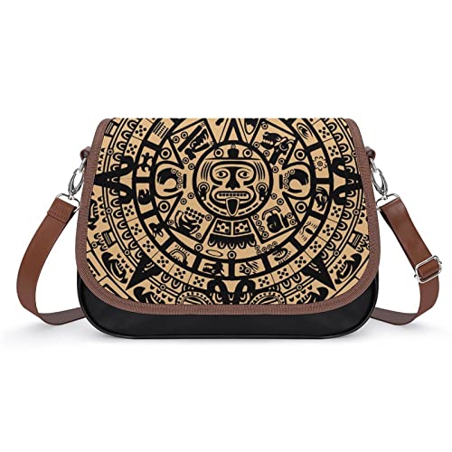 Aztec Maya Calendar Women's Crossbody Bag PU Leather Message Bag Shoulder Handbag Purse for Travel Office