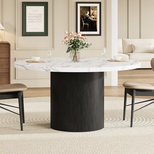Round Kitchen Dining Table for 4-6 People 47 inch Mid-Century Circle Dinner Tables Rustic Wood Base in Fluted Design Space Saving Dining Room Furniture Large Table Only for Family Party Marble