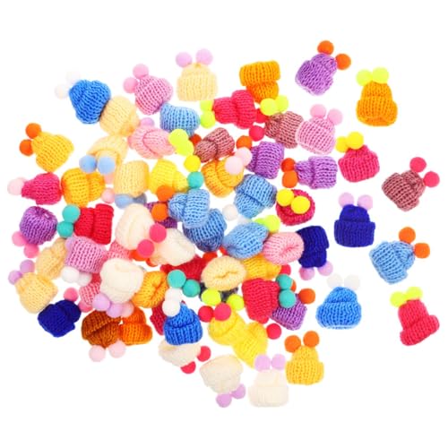 GRIRIW 100pcs Mini Knitting Hats with Colorful Double Woolen Balls for Dolls Tiny Knit Hats DIY Art Supplies for Crafting Dress Up and Accessories