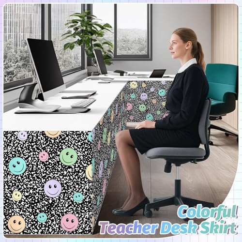 Image of 6FT Smiley Face Table Skirt Teacher Desk Skirt for Composition Notebook Classroom Decor Rectangle Tablecloth Colorful Table Cover for Back to School Party Supplies Home Dorm Office Bookcase Cabinet