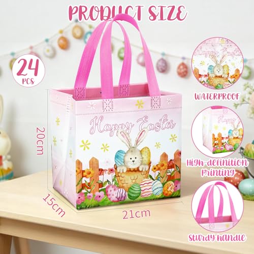 DECHISY 24 Stück Geschenktüten Ostern mit Griff, 21 x 15 x 20 cm, Kleine Wiederverwendbare Osterkorb für Kinder aus Vliesstoff, 12 verschiedene Designs, für Kinder, Eiersuche, Frühlingsparty