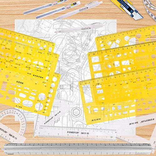 Swpeet 12Pcs Plastic Yellow Geometric Drawings Templates Kit, 6 Different Geometric Measuring Drawings Templates Stencils With 2Pcs Pencil And 5Pcs Measuring Ruler For Drawing Engineering Drafting #TOP5