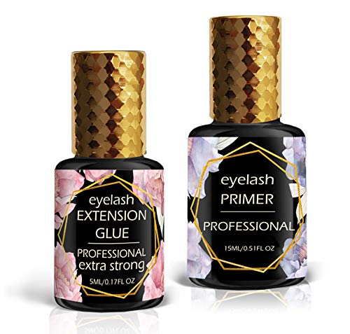 Extra Strong Eyelash Extension Glue 5 ml and Primer 15 ml Set - 1 Sec Dry - Up to 8 Weeks - Latex Free & Waterproof - Black Professional Lash Adhesive - Eyelash Extensions Supplies - by le vent