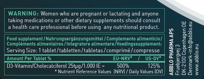 ABBLO D3 Vitamina 1000 UI 100 Tabletas Vegan miniatura 3