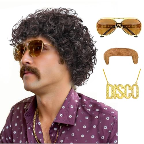 Image of Retro Afro Curly Wig Costume Set, Complete Disco Outfit Accessories for 70s 80s Themed Party, Halloween Cosplay for Men (Dark Brown)