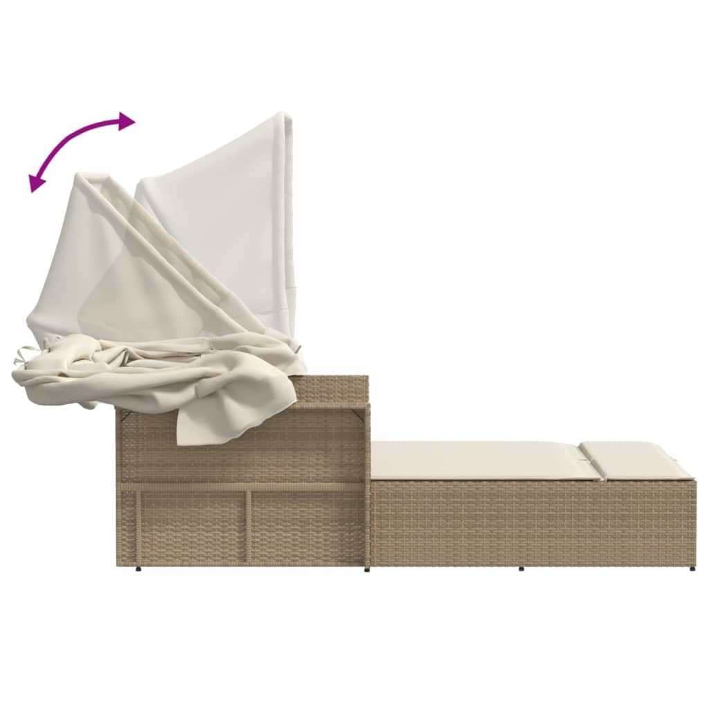 Homgoday Lettini da Giardino,Lettino Doppio con Baldacchino e Cuscini Beige in Polyrattan,Lettini Prendisole, Divano Letto Mobili, Lettino da Piscina, Lettino Prendisole da Giardino