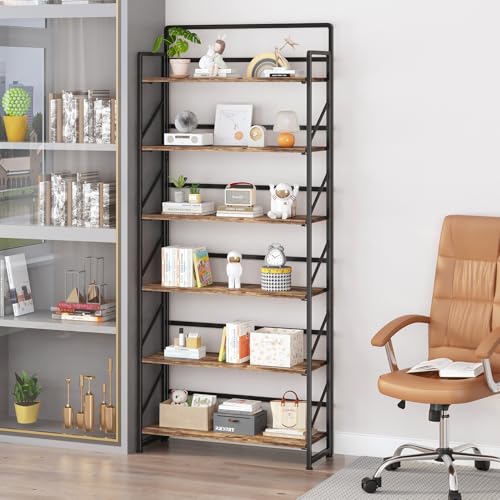 Image of JSB Folding Bookshelf,Industrial Storage Shelves, No Assembly Vintage Wood Look Bookshelf with Storage Shelves for Living Room, Bedroom, Office (Fire Brown, Wide 6-Tier)