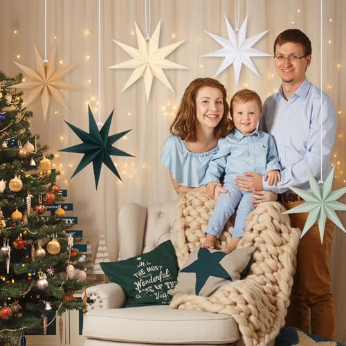 Image of 5 PCS 12 Inch Sage Green Paper Star Lanterns - Hanging Stars Christmas Party Decorations