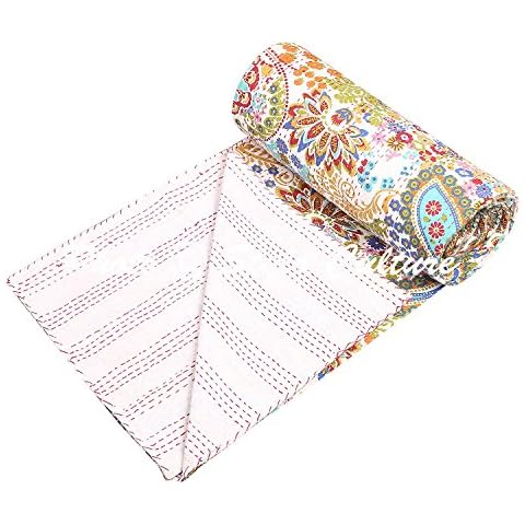 Stylo Culture White Cotton Kantha Bedspread Cover