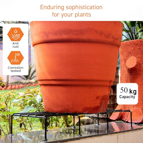 Image of Plant Stands (Set of 4) Plant Rack for Balcony Rust proof Flower Pot Rack for Living Room with 7 Layer Coating (Rectangle Black) Anti-Rust iron Planter Stand | Set of 4 | Rectangular | 120Kg Load Capacity | Galvanized Metal Planter / Pot Rack