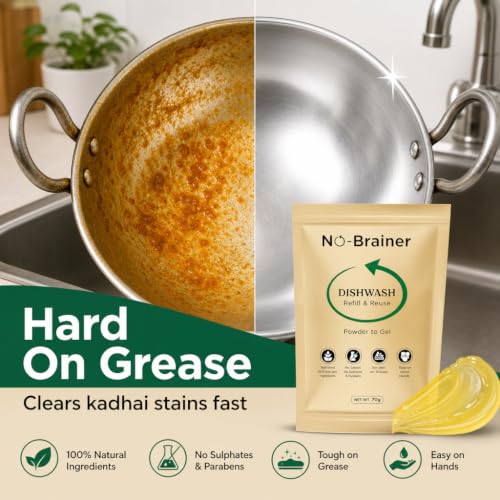 Image of NO BRAINER Dishwash Powder to Liquid | Natural Plant-Based, Non-Toxic Liquid | Hard on Grease, Easy on Hands | No Residue | Baby & Pet Safe | No Plastic Waste | Lime (Bottle + 1 Pouch for 500ml)