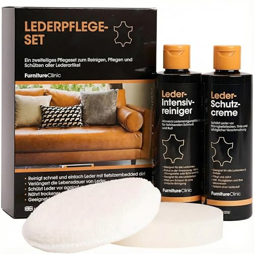 Furniture Clinic Lederpflege-Set 2x250ml – Premium Lederreiniger + Conditioner - Pflegecreme mit Lederduft, inkl. Schwamm & Reinigungstuch – für Couch, Sofas, Autositze, Möbel