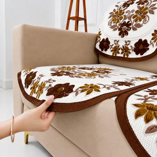 Image of Homerz Premium 'Surya Series' Sofa Cover | Stylish Sofa Protector | Net Fabric | Anti-Stain & Washable Slip Cover Exact Size Antislip (Daisy Brown, 5 (3+1+1) Seater, Seat Cover with Backrest)