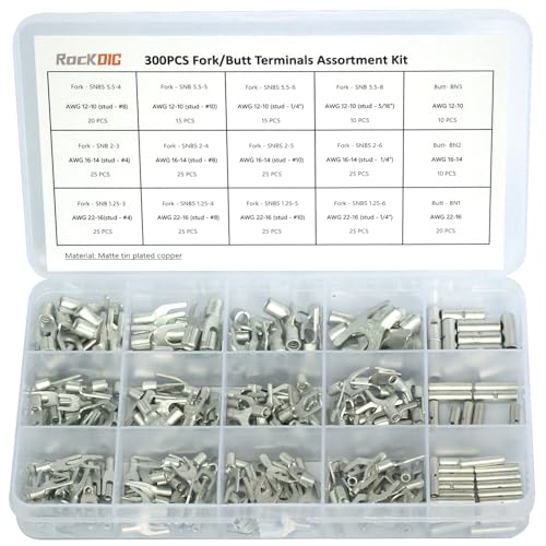 ROCKDIG - RockDIG 300Pcs AWG 22-16 16-14 12-10 Non-Insulated Butted Seam Block Fork Terminal Assortment Kit U-Type Crimp Terminals Tinned Copper Wire Connectors