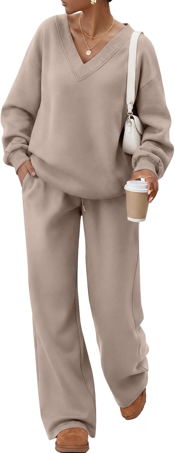 Trendy Queen Women's Sweatsuits 2 Piece Outfits Sweat Sets | Comfortable V Neck Sweatshirts,Wide Leg Sweatpants with Pockets,Fall and Winter Clothes