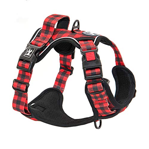 Image of PoyPet No Pull Dog Harness, [Release at Neck] Reflective Adjustable No Choke Pet Vest with Front & Back 2 Leash Attachments, Soft Control Training Handle, Plaid(Checkered Red, L)