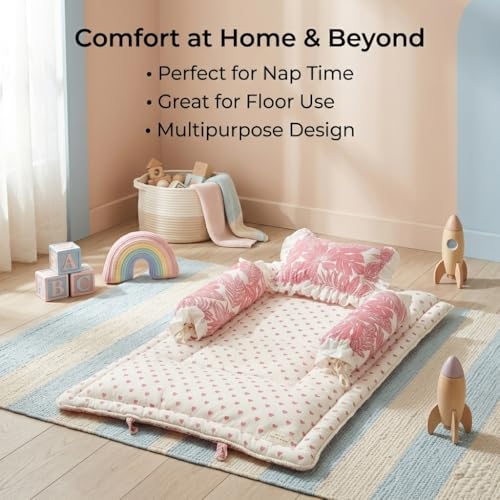 Image of NWF Premium Cotton Toddler Bedding Set, Pink Leaf Print, 26x40 Inch, Foldable Nap Mat, Lightweight, Travel Friendly, 4 Piece, 12+ Months
