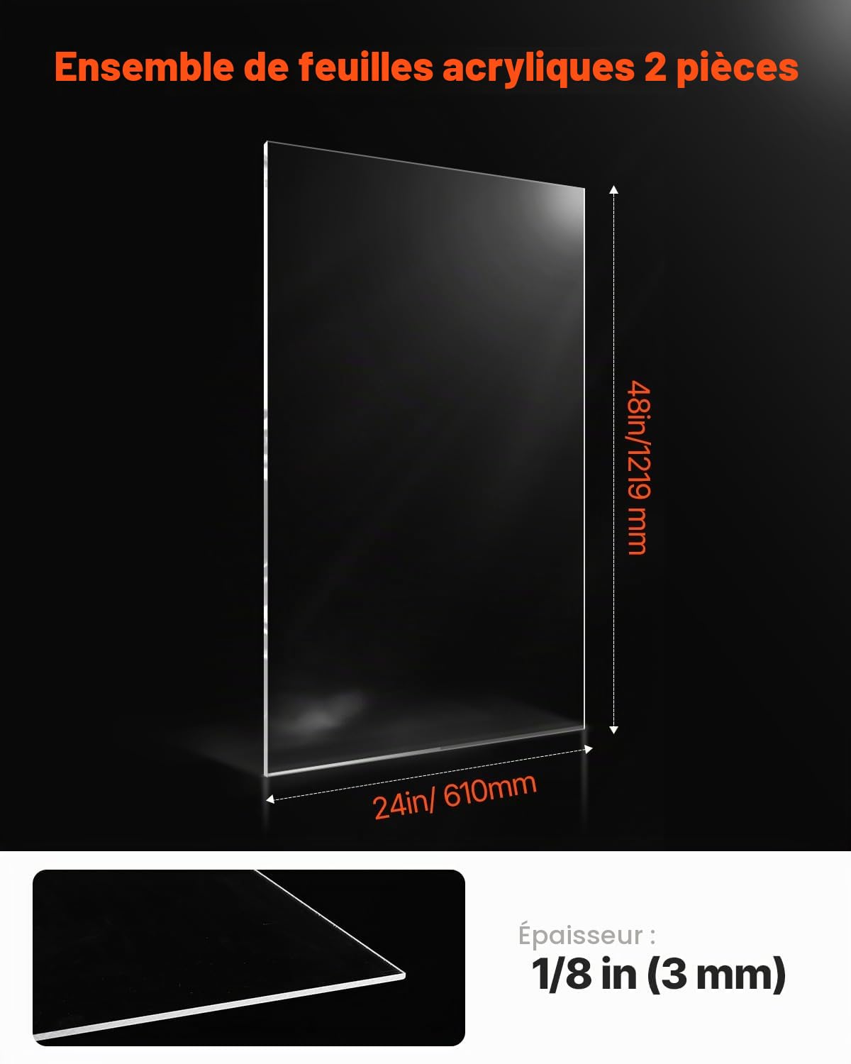 VEVOR Feuille Acrylique, 610x1219 mm, Plaque Plastique Transparente, Épaisseur 3 mm, Lot de 2, Facile à Découper Percer, Résistance, pour Artisanat, Couverture de Cadre Photo, Affichage de Bricolage