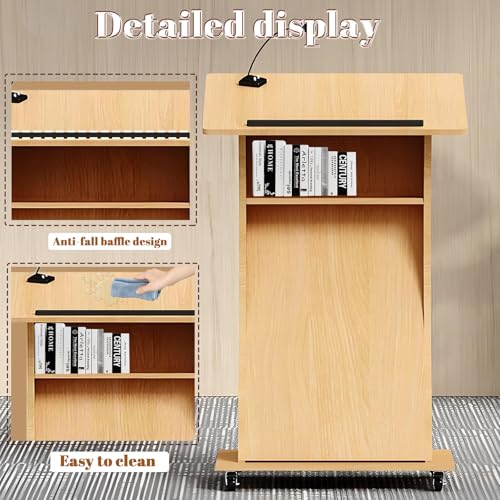 Image of Portable Wooden Podium Stand with Lockable Wheels, 42.5 inch Height Rolling Lectern for Churches, Lightweight White Pulpit, Perfect for Presentations & Events