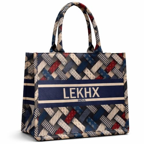 Image of LX LEKHX Designer Tote Bag for Women | Premium Laminated Jute Canvas Handbag with Geometric Print | Stylish Spacious Office, College, Travel & Laptop Bag (Fits 16 Inch)