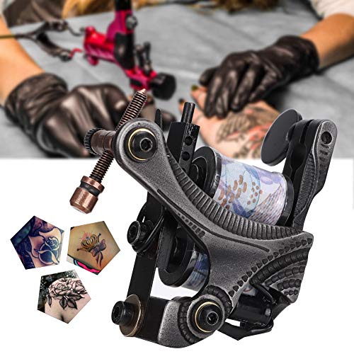 Salmue Rotary Tattoo Machine Gun, Professional 10Wraps Coils Wire Unique Pattern Carbon Steel Shader, Handmade Cast Iron Liner, Power Supply Tattoo Machine With Wrench #TOP2
