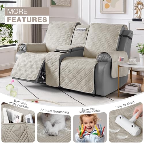 Image of TAOCOCO Waterproof Loveseat Recliner Cover with Console, Non-Slip Reclining Loveseat with Console Cover with Pocket, Split Recliner Sofa Covers Furniture Protector for Pets Dogs(2 Seater, Cream)