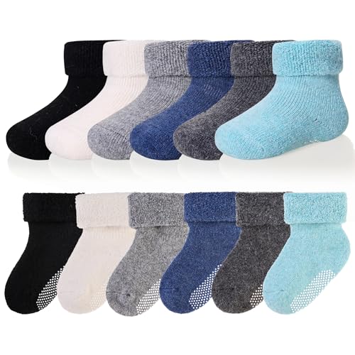 Image of AMENLAN Baby Wool Floor Socks Soft Winter Warm Thick Non slip Toddler Boys Girls Crew Neck Socks 6 pairs