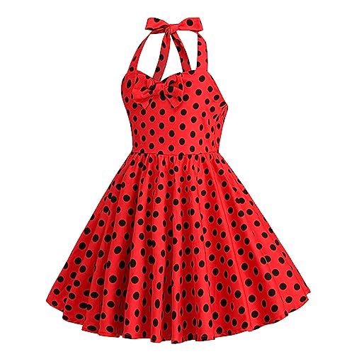 Kids Girls 50s Vintage Polka Dot Dress Retro Rockability Girls 1950s Princess Girl Dress Retro 1950s Dresses Kids Halter Party Dress for Carnival Christmas Dresses for Girls Polka Dot Red 5-6 Years3