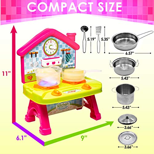 Toddlers Compact Play Kitchen - Mini Cooktop with Super Color-Changing Cooking Effect - Stainless-steel Toy Pots and Pans with Toy Utensils - Cutting Vegetables & Knife - Toy Kitchen Accessories
